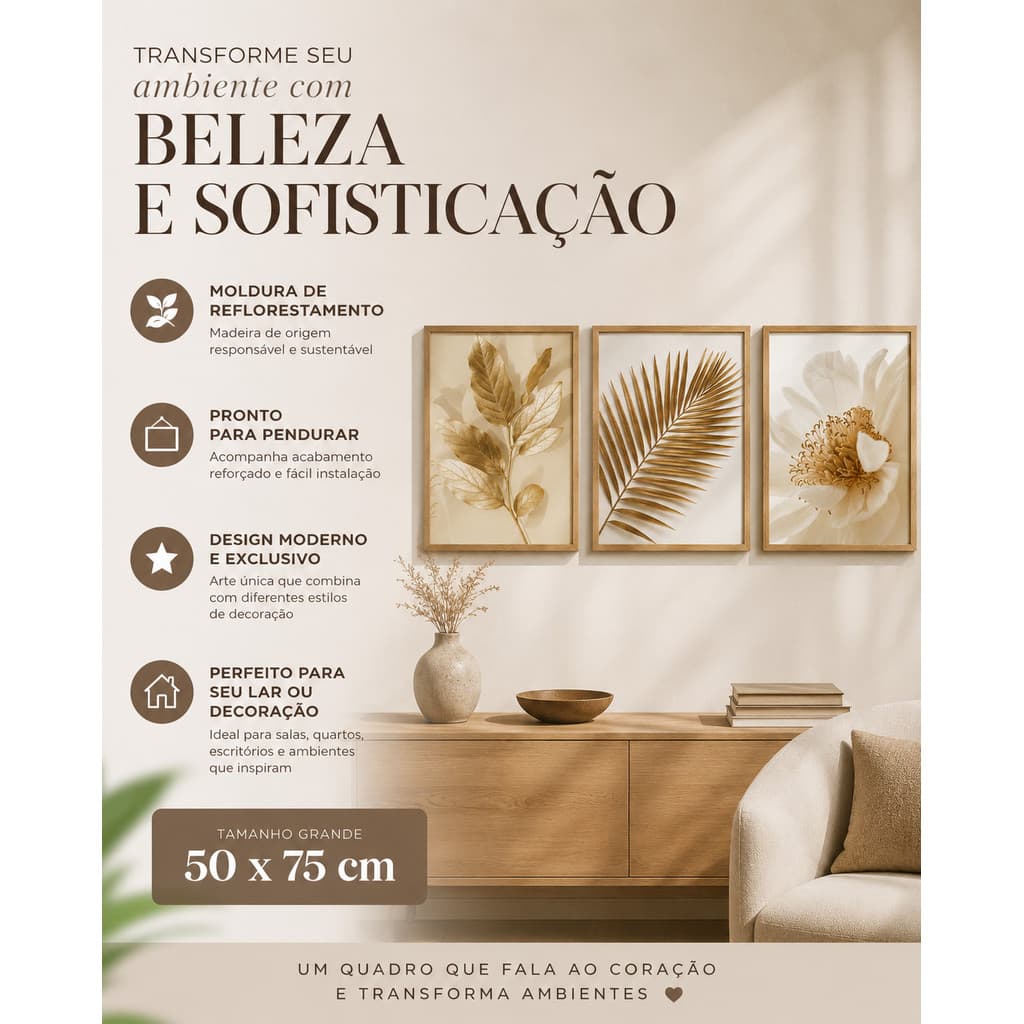 LANÇAMENTO ! TRIO DE QUADROS DECORATIVOS SALA QUARTO COM MOLDURA GRANDE 50 X 75 CM