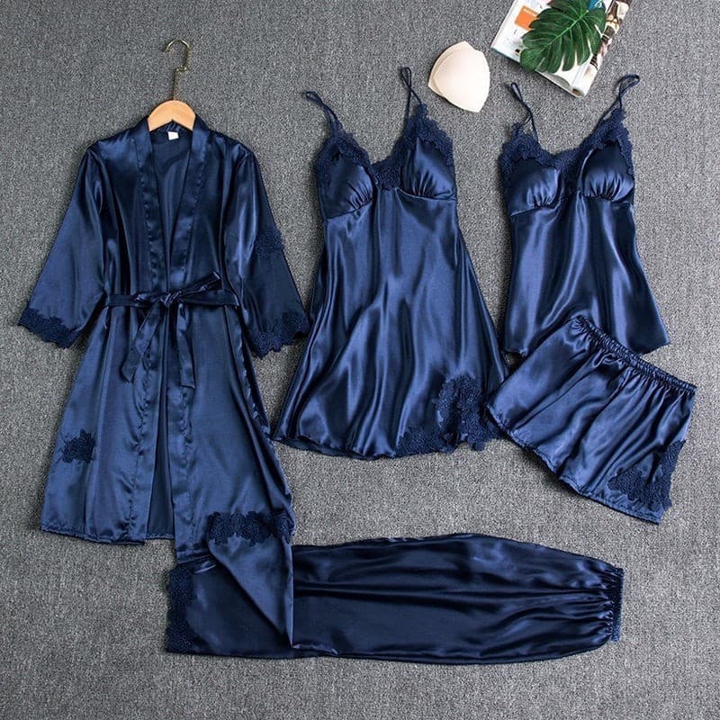 Conjunto de Pijama Feminino de Cetim com Detalhes em Renda em Rayon X0D4 HAYK