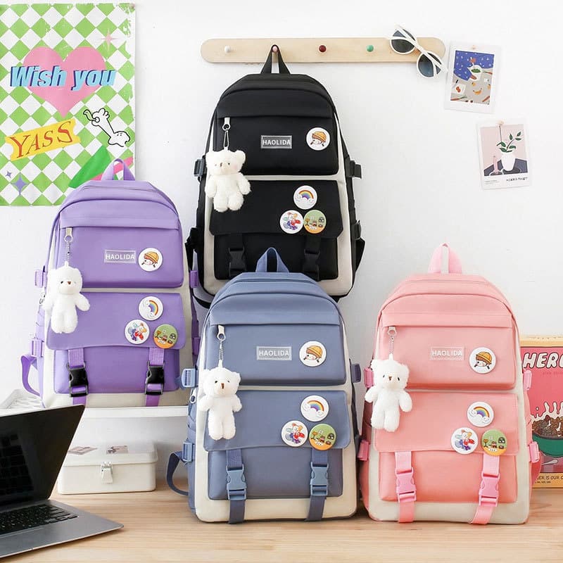 Mochila de quatro peças no atacado, conjunto de mochila de cinco peças de grande capacidade com logotipo impresso, conju