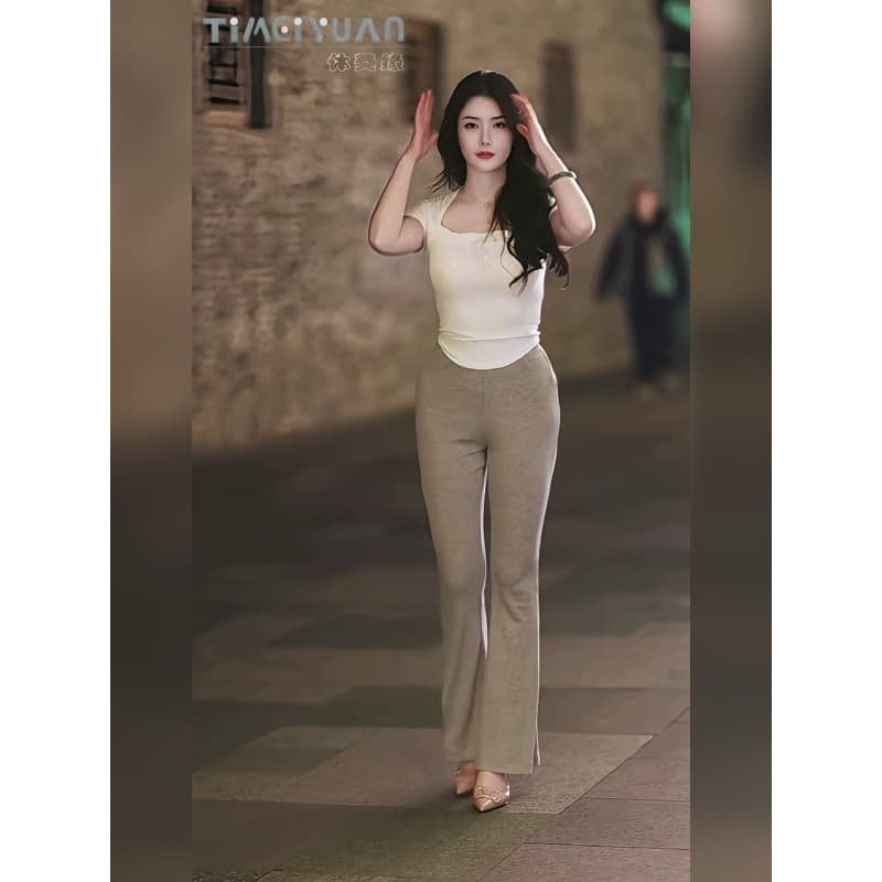 2025 novo estilo feminino de cintura alta ligeiramente queimado calças magro-ajuste mais magro olhar calças magras calça
