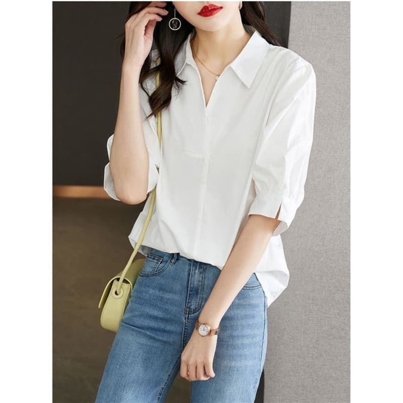 Camisa branca de manga média feminina 2023 primavera outono novo estilo bens europeus versão coreana solta moda redução