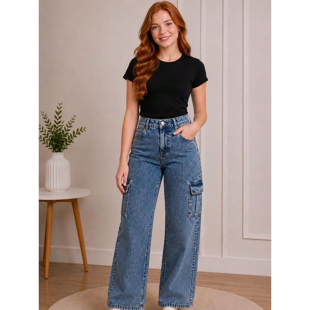 Calça Jeans Wide Leg Cargo Juvenil Feminina Cintura Alta Com Bolsos Laterais Moda Blogueirinha