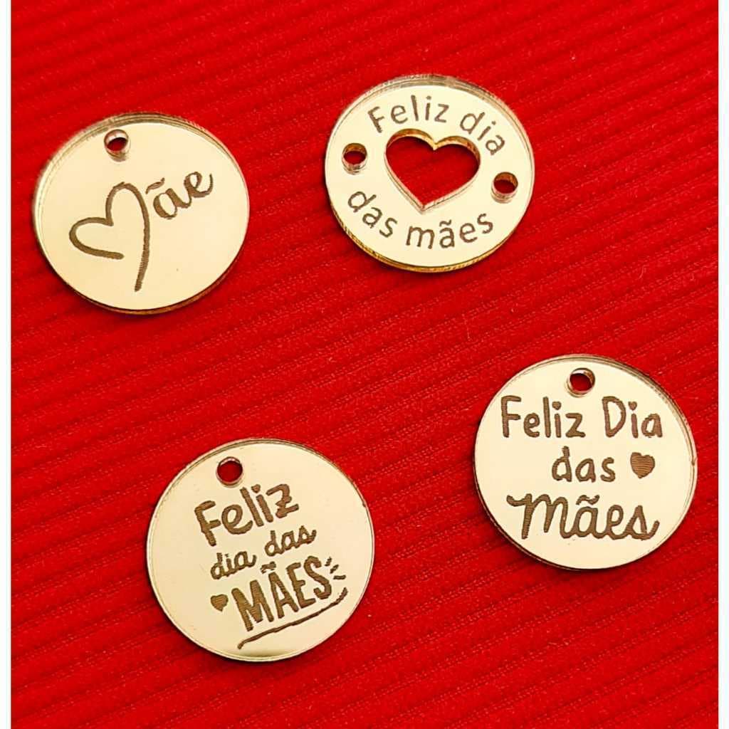 Aplique Tag Redonda Acrílico Espelhado Dourado com gravação Mãe ou Feliz dia das Mães -20 pçs