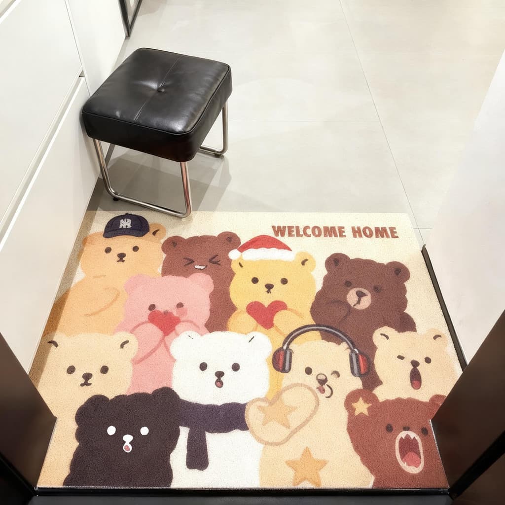 Bonito pilha urso círculo de seda tapete de porta de entrada raspagem lama esfregando solo entrada porta esteira resiste