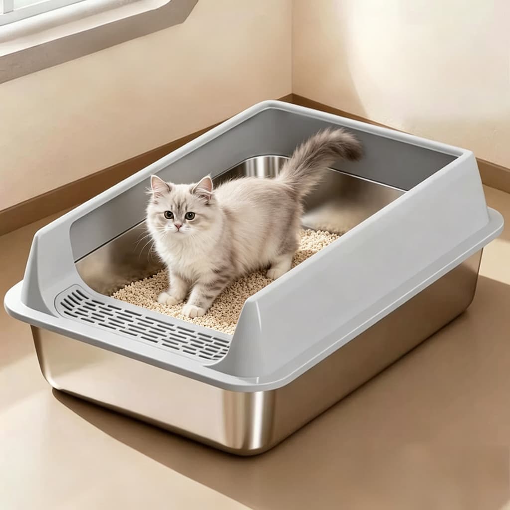 Caixa de Areia Inox para Gato Borda Alta Anti-Espalhamento Pedal Coletor de Areia, Antiferrugem, Fácil Limpeza Duradouro