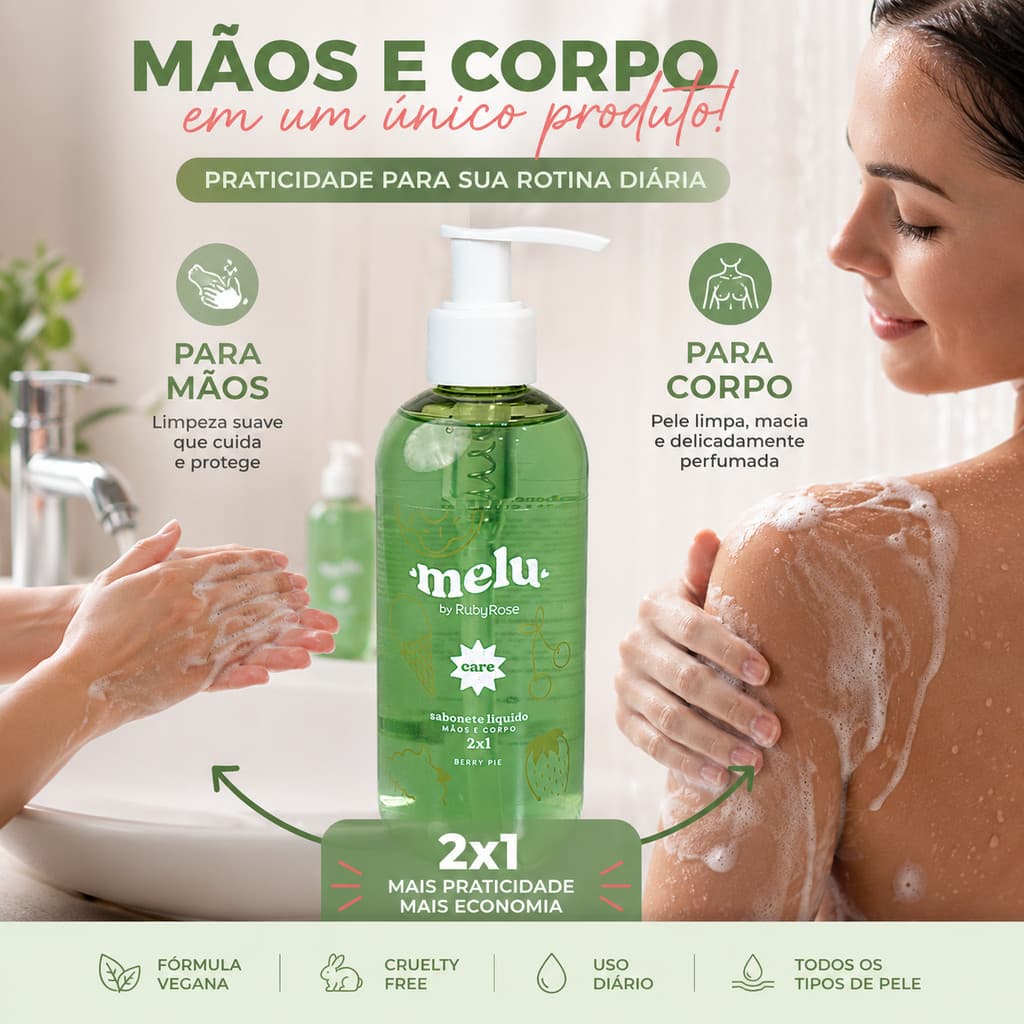 Sabonete Líquido Berry Pie Melu 2x1 Mãos Corpo Hidratante Não resseca