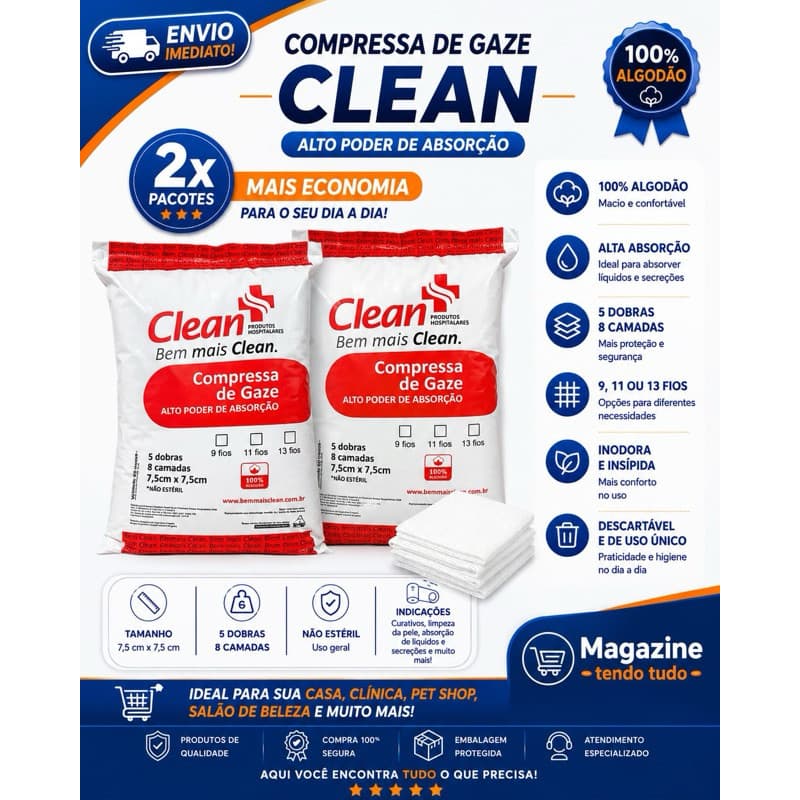 Kit 2 Pacotes Gaze Hidrófila 13 Fios 7,5x7,5cm Curativo e Limpeza - Alta Absorção