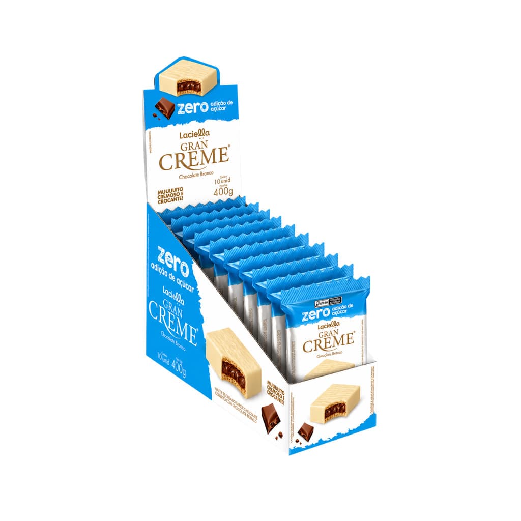 🍫 Gran Creme Wafer Chocolate Branco Zero Açúcar 10x40g Laciella
