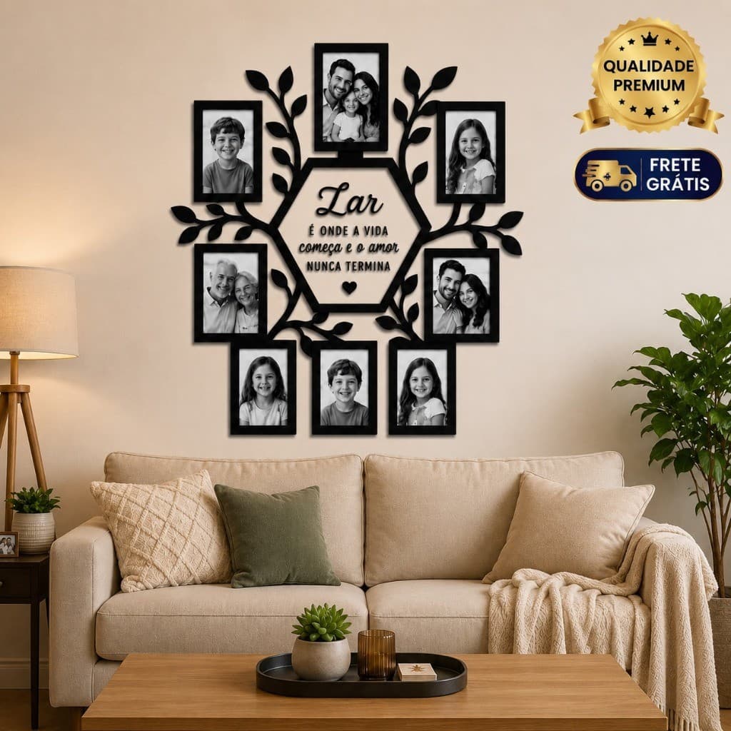 Quadro Decorativo Árvore da Família MDF Preto - Com Molduras para 8 Fotos 10x15 - Frase Lar