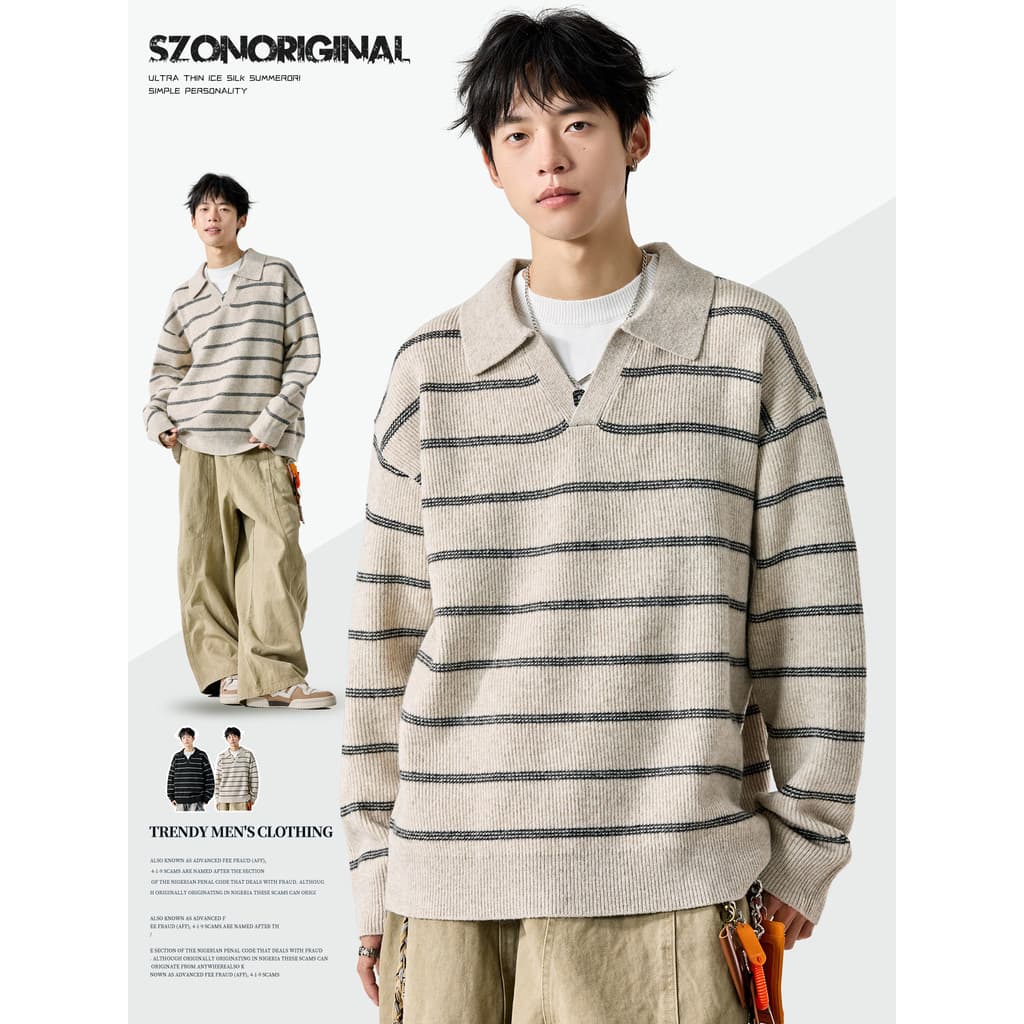 Camisola masculina outono inverno Retro contraste cor listrado polo pescoço camisola topo falso de duas peças com decote