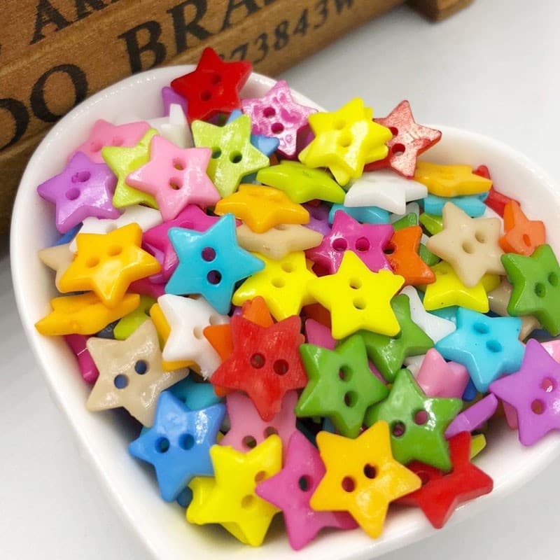 100 peças de botões de fundo plano em forma de estrela com listras mistas e furo duplo de 12mm, acessórios de costura pa