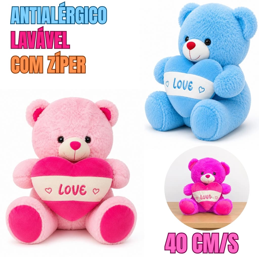 Urso de Pelúcia Grande 40cm Macio com Coração Love Lavável Antialérgico e Zíper