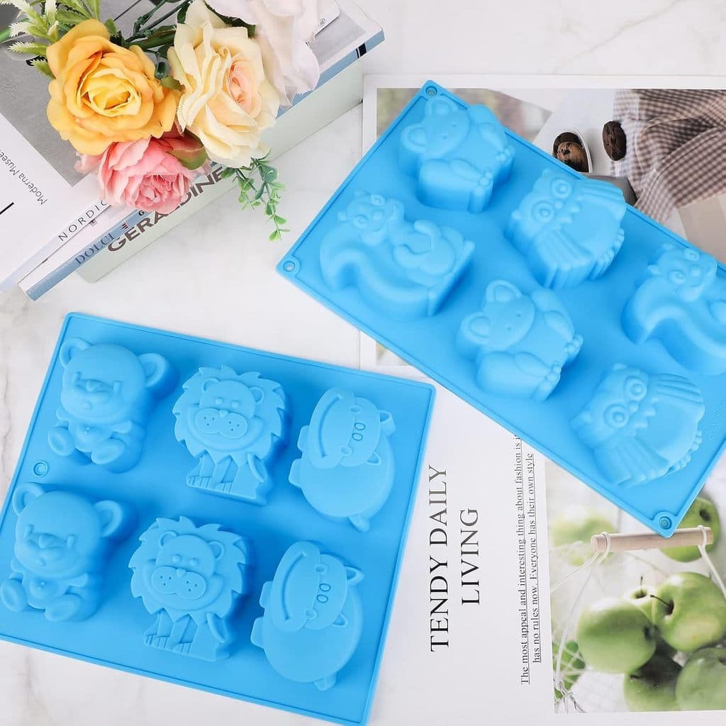 Molde de silicone para bolo em formato de animais, 6 peças, bandeja para pudim e gelo, urso, leão, hipopótamo, coruja, e