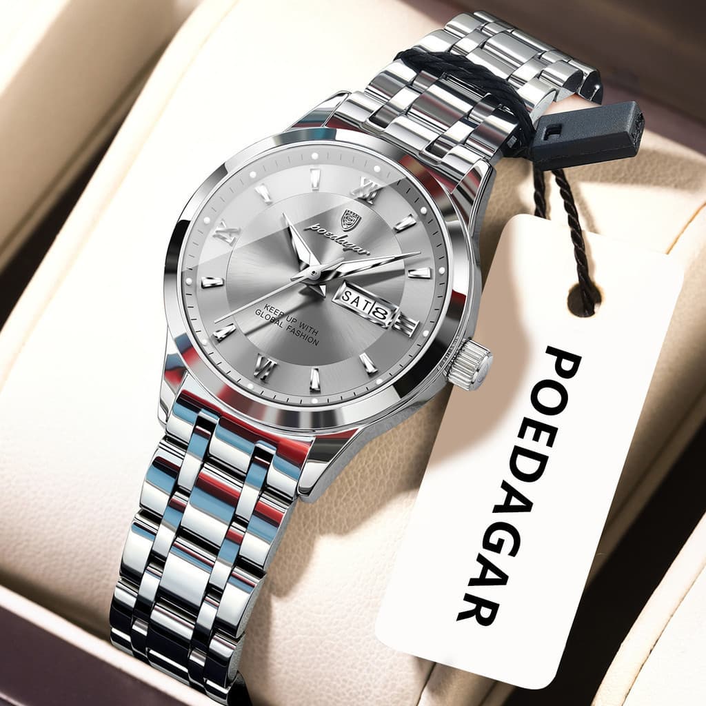 POEDAGAR relógio de luxo original para senhoras luminoso impermeável aço inoxidável quartzo semana data feminino + caixa