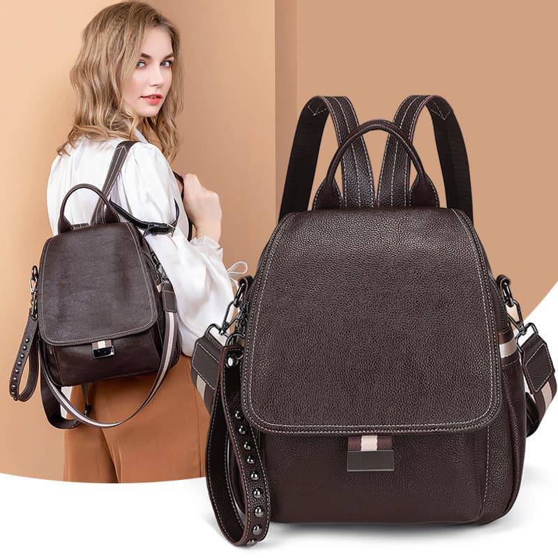Mochila feminina com aba antifurto mochila de couro macio de grande capacidade