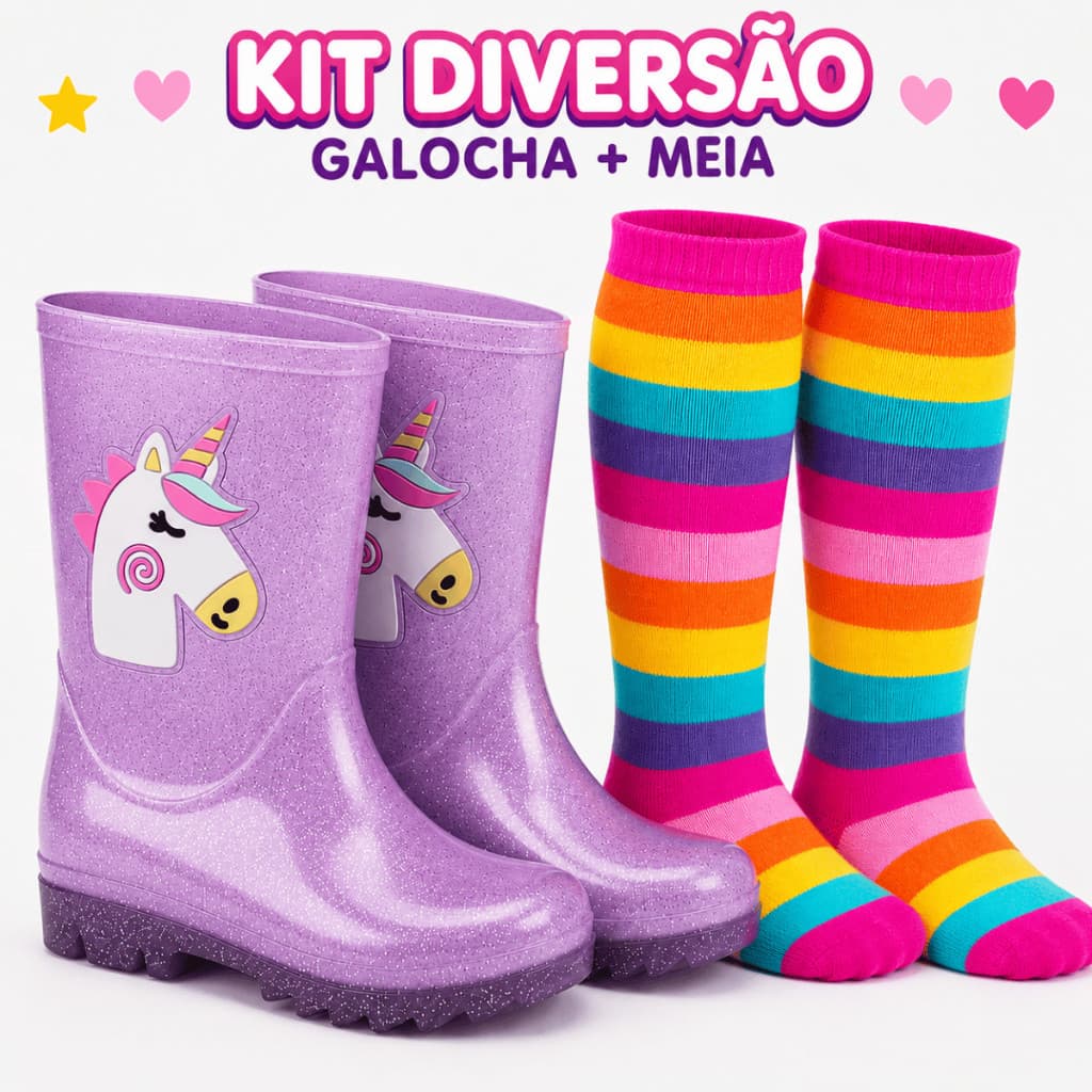 Kit Galocha Infantil Menina Cano Alto + Meia Colorida
