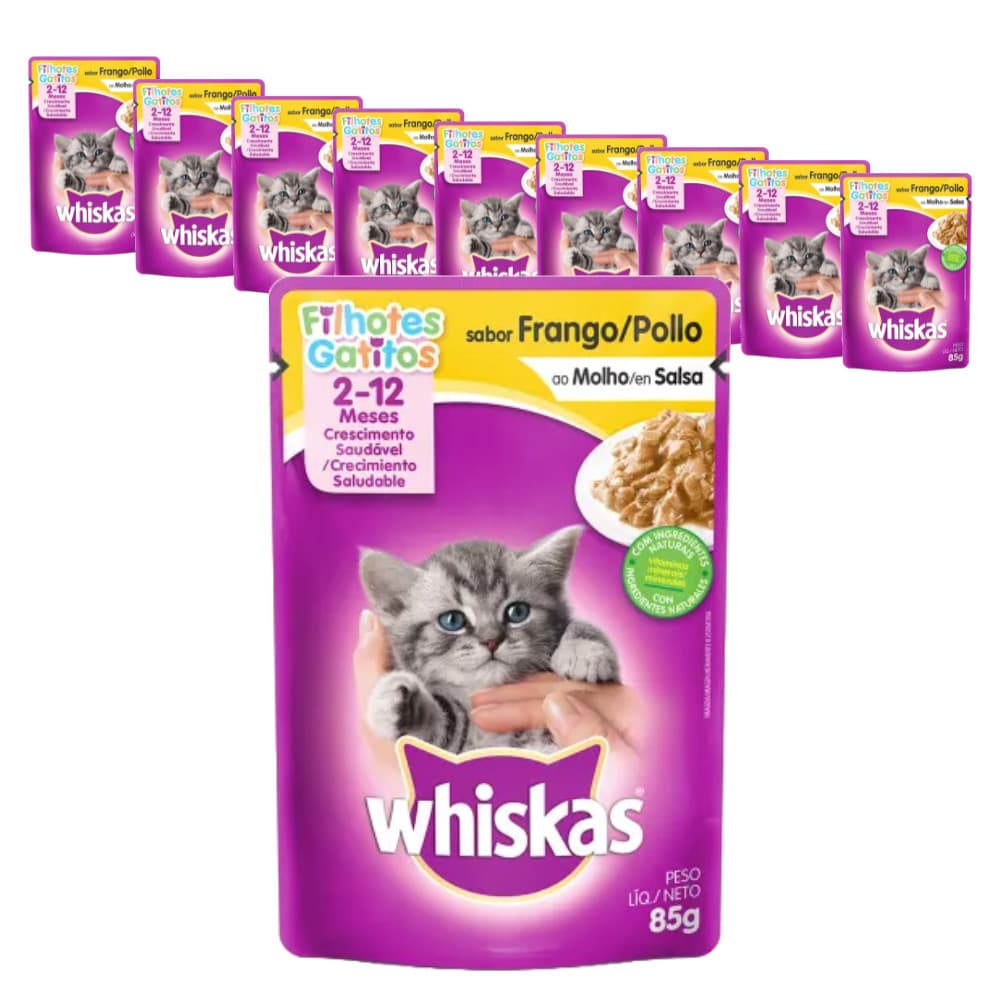 Ração Úmida Whiskas Sachê para Gatos Filhotes sabor Frango ao Molho 85g - KIT 10 unids.