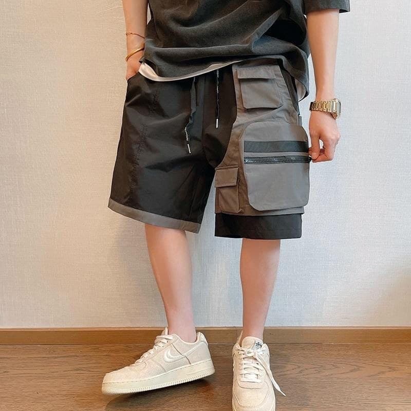 Preto cinza costura All-Match falso dois bolsos macacão Shorts masculino solto calças de cinco pontos Street Wear#黑灰拼接百搭