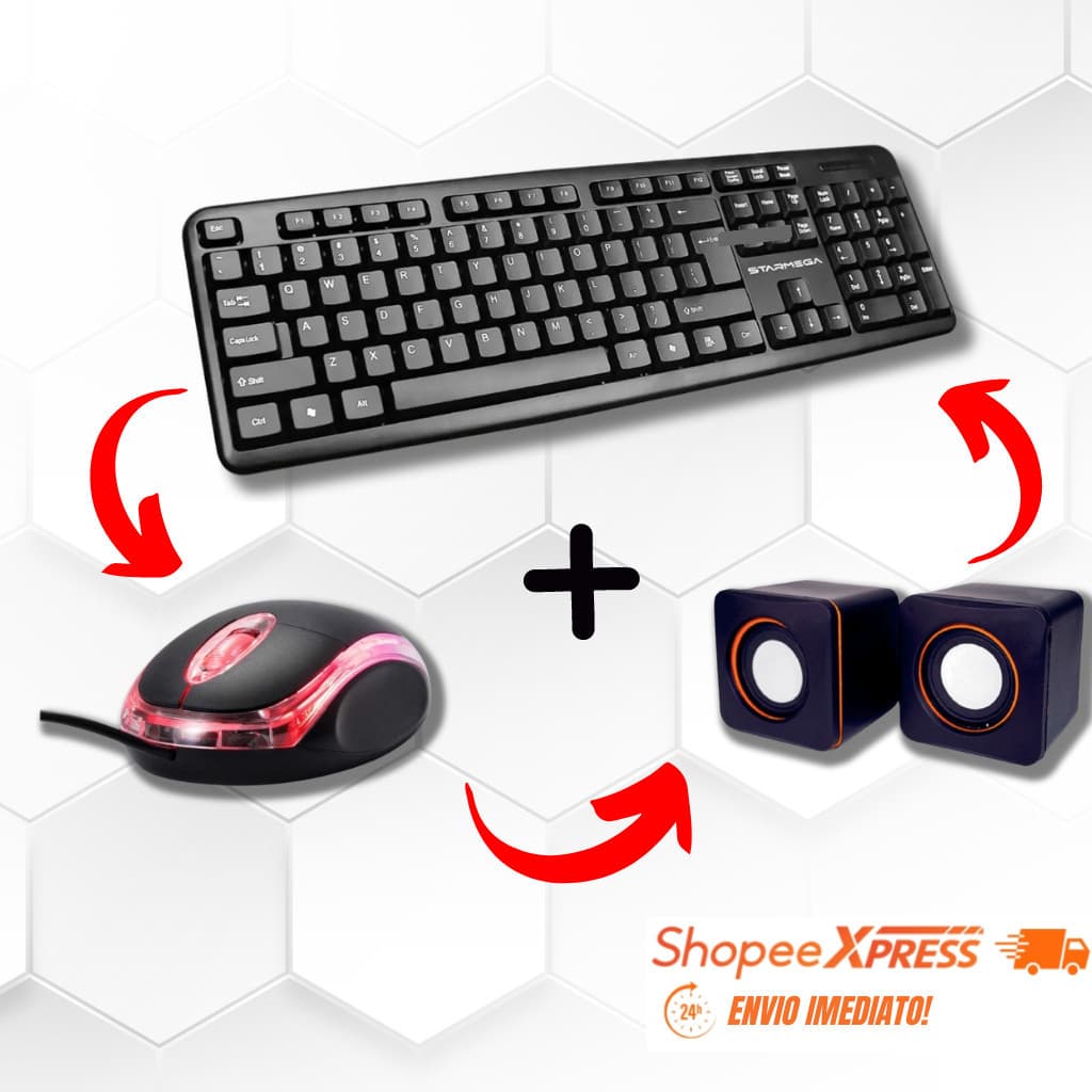 Teclado + Mouse + Caixa de Som Computador Notebook USB Tecla Macia Som Puro Potente ergonômico