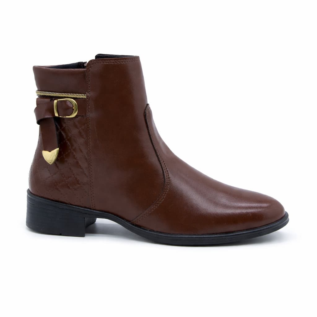 Bota com Ziper Lateral e Fivela Coração Salto Baixo Cano Curto Inverno Coturno pro Frio Saltinho Baixo