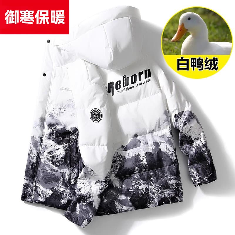 Homens jaqueta de inverno estilo curto 2025 novo estilo com capuz versão coreana moda tendência neve montanha gradiente