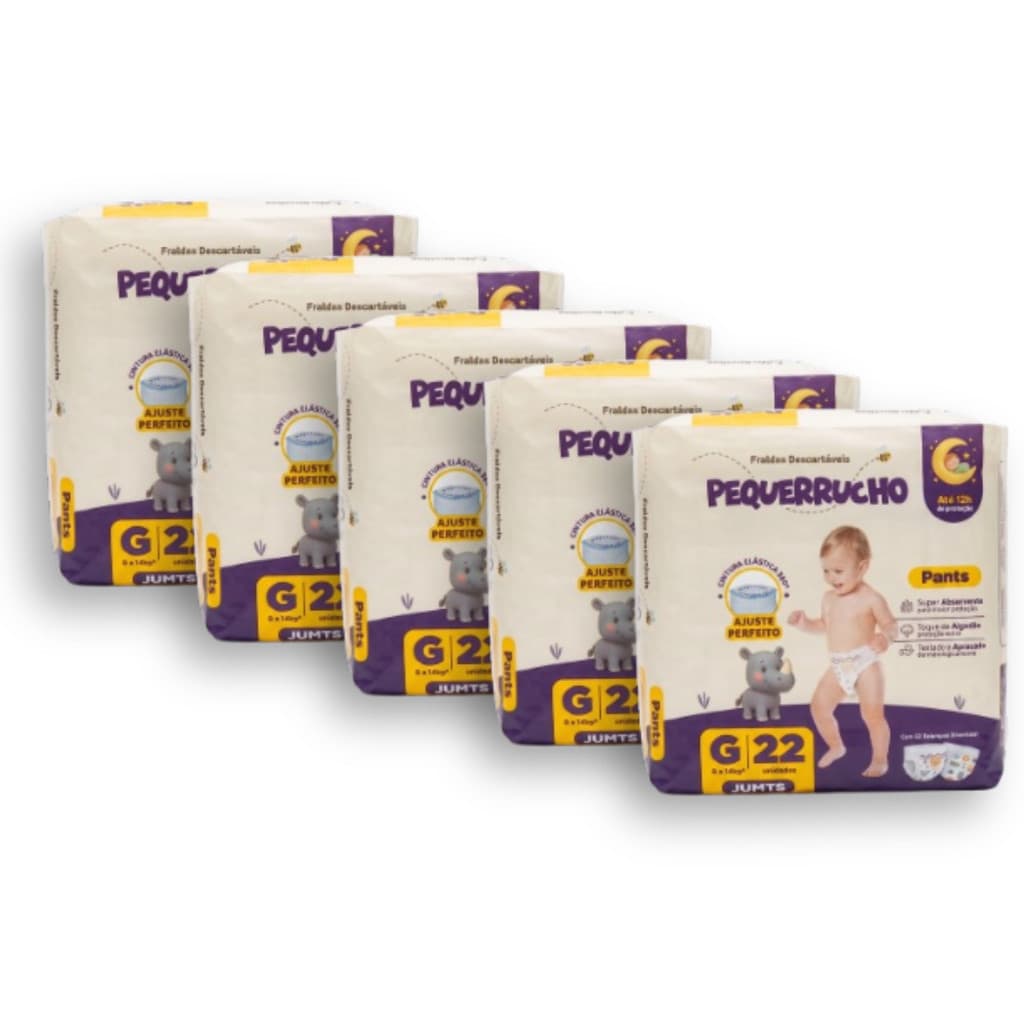 Kit 5 Fralda Descartável Pequerrucho Pants Toque Macio Hipoalergênico - Tamanho G - 110 Unidades