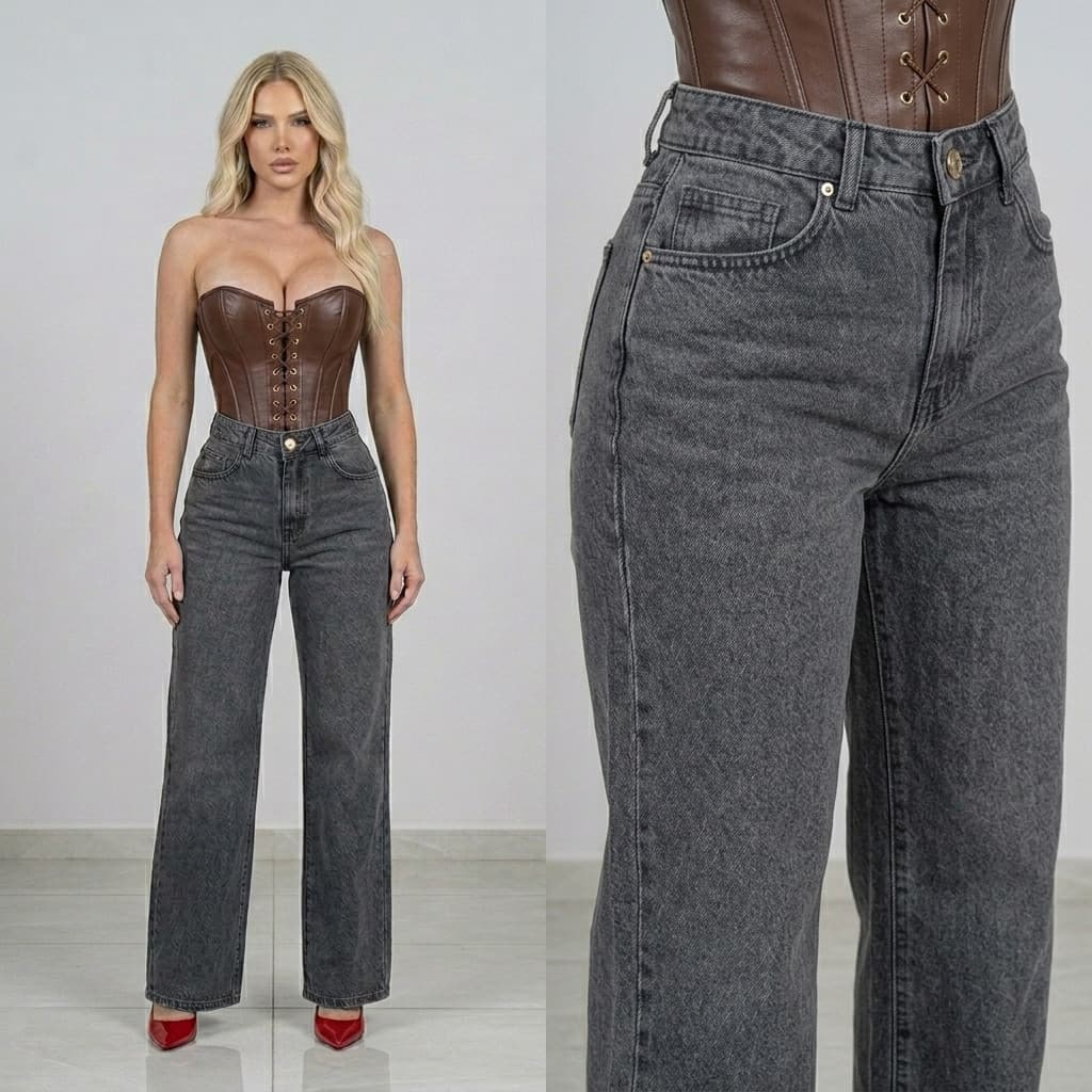 Calça Jeans Feminina Wide Leg Cintura Alta 100% Algodão