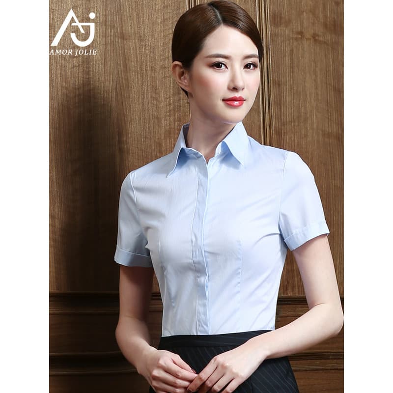 Camisa listrada profissional feminina OL azul claro camisa de manga curta elegante workwear seguro vendas de negócios wo