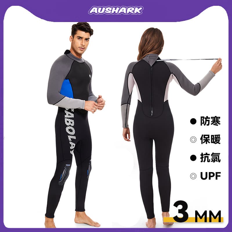 AUS Shark Wet Suit 3MM Engrossado Terno de mergulho quente Protetor solar masculino de manga comprida à prova de frio Ma