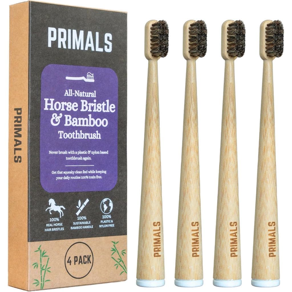 Escova de Dentes PRIMALS de Cerdas de Cavalo e Bambu (Pacote com 4) - Cerdas de Cavalo Luxuosas e Macias - Totalmente Bi