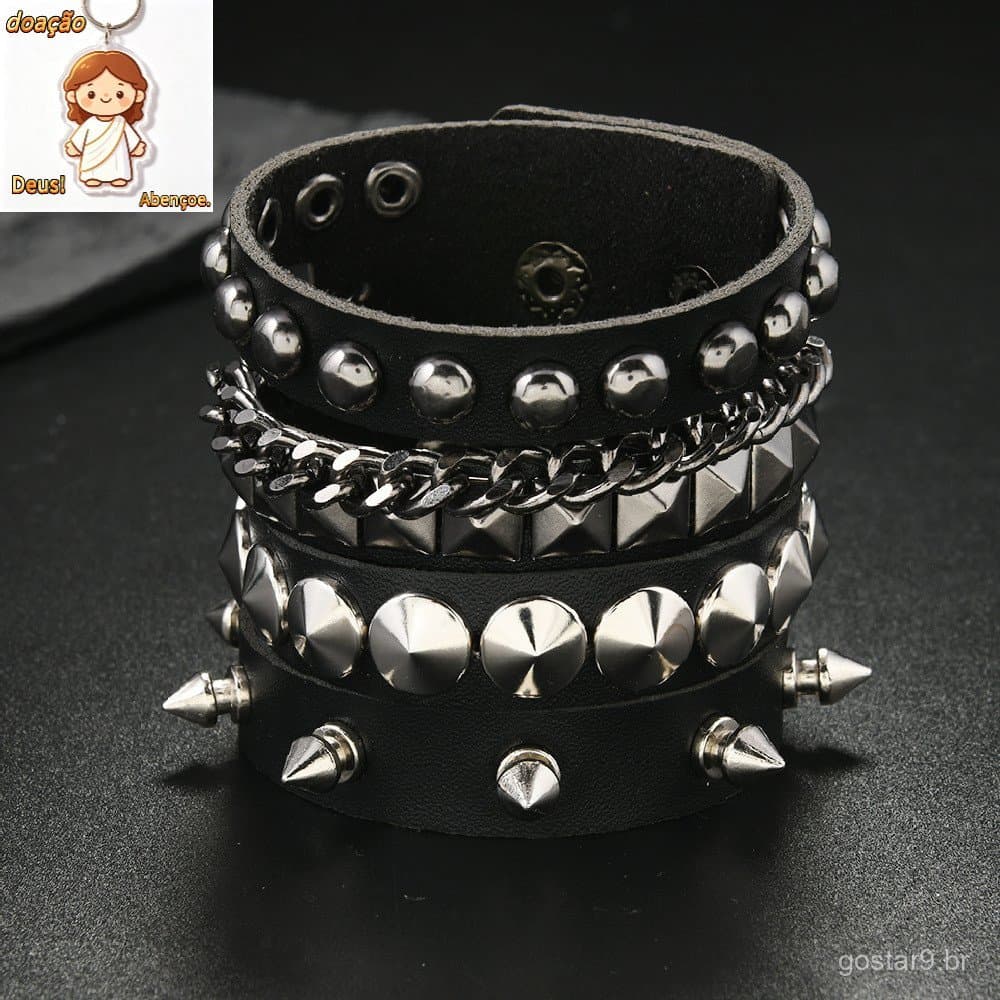 Pulseira de couro PU estilo gótico punk, única para festas de Halloween e Natal.