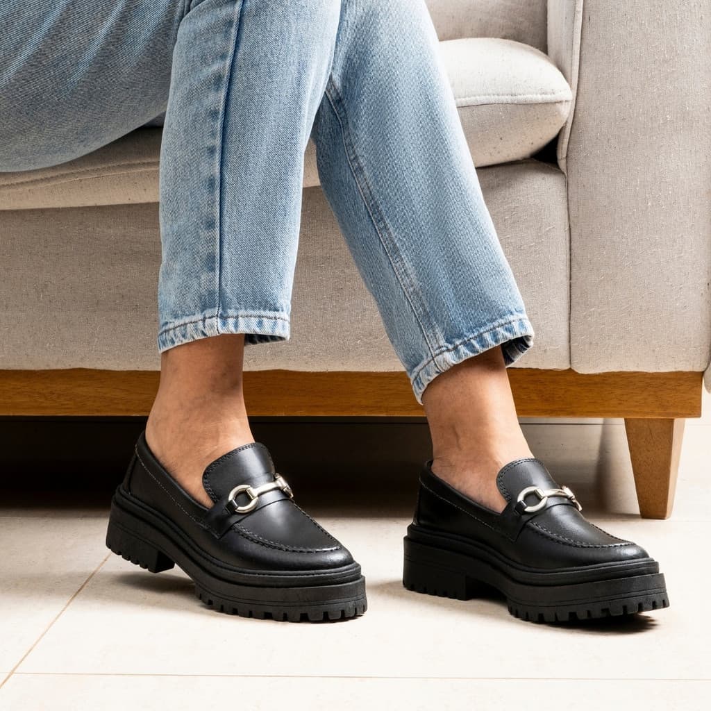 Mocassim Feminino Tratorado Oxford Couro Vegano Casual Salto