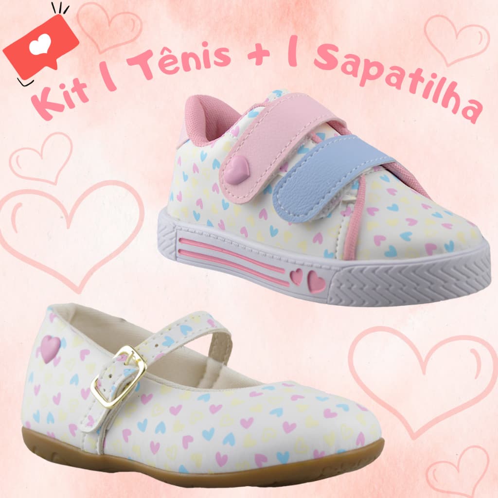 Kit 2 Pares Tênis + Sapatilha Menina Infantil Detalhe Coração Estiloso Delicado Conforto Promoção