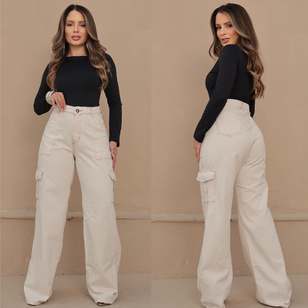 Calça Cargo Wide Leg Jeans Feminina Off 100% Algodão Confortável