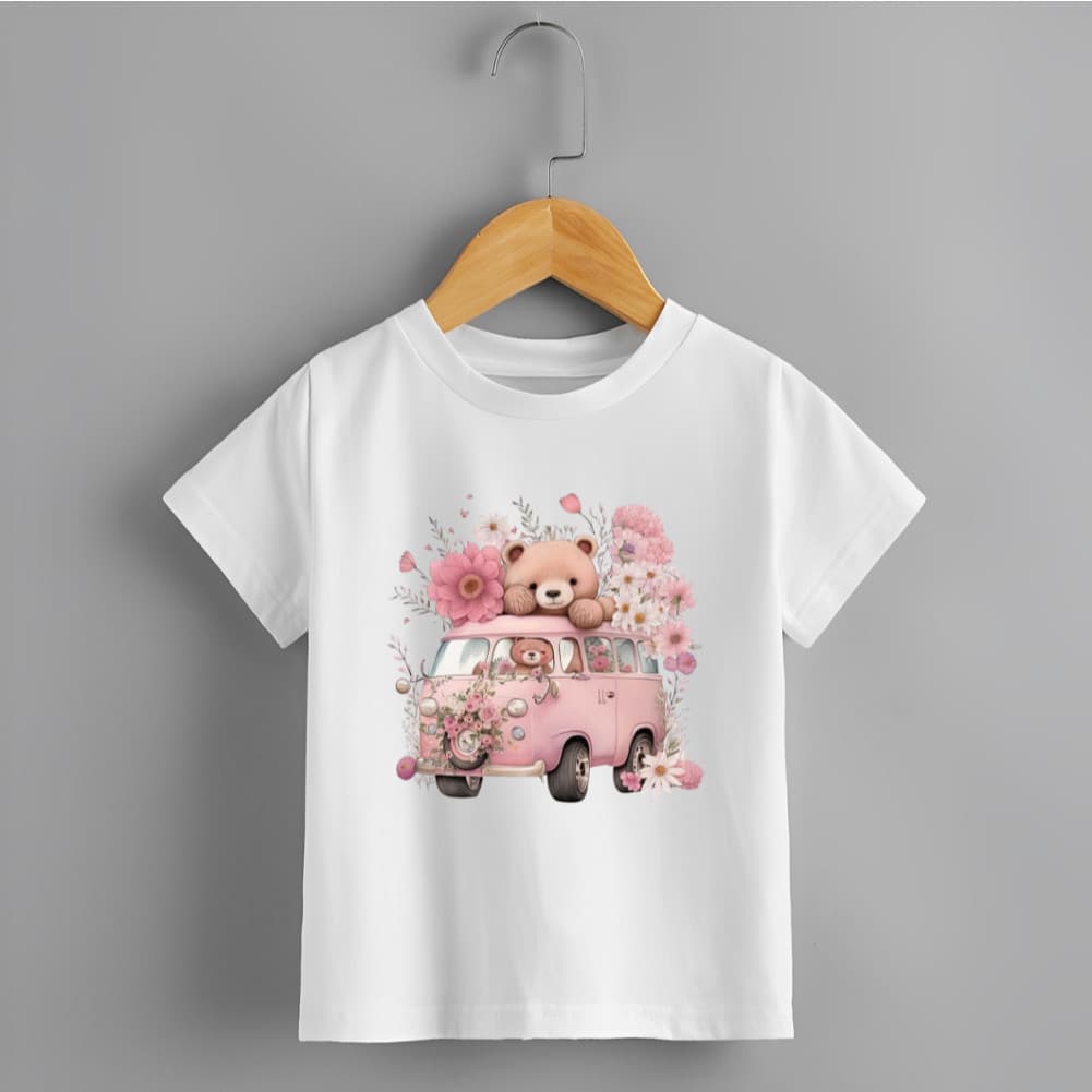 Camiseta Infantil Menina Combi Rosa Ursinho 100% Algodão Personalizada Premium KIDS
