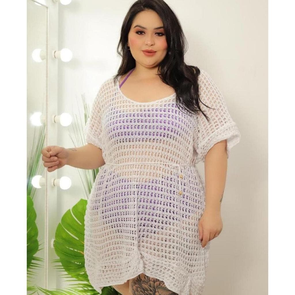Saída de Praia Plus feminina Vestido de Tricô de Manga Oferta