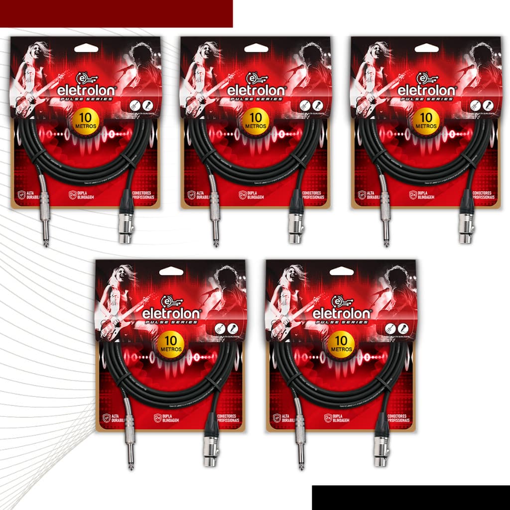 Kit 5 Cabo De Microfone P10 Mono Para Xlr Fêmea 10m Metros - Pulse Eletrolon