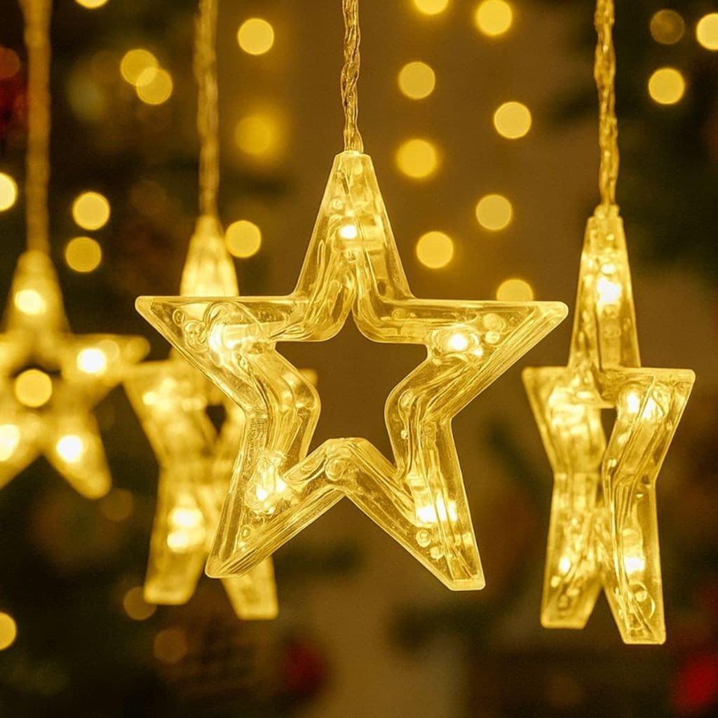 Cascata de Estrelas Natal Led Bivolt  8 Funções, Branco Quente e Pisca-Pisca