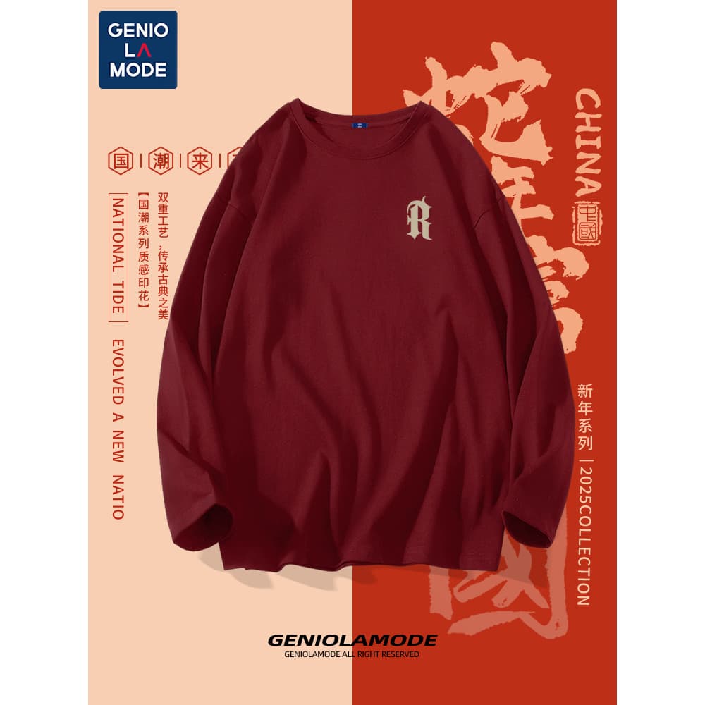 GENIOLAMODE Ano da Cobra Limitada Camiseta de Manga Comprida Masculina Inverno Fino Algodão Redondo Pescoço Estudante Vi