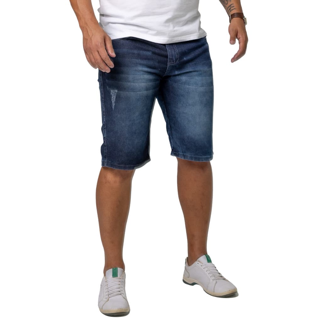 Bermuda Jeans Masculino Elastano Premium - Bigode com Puido - Tendência