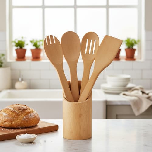 Kit 5 Utensílios De Madeira Bambu Cozinha Culinária