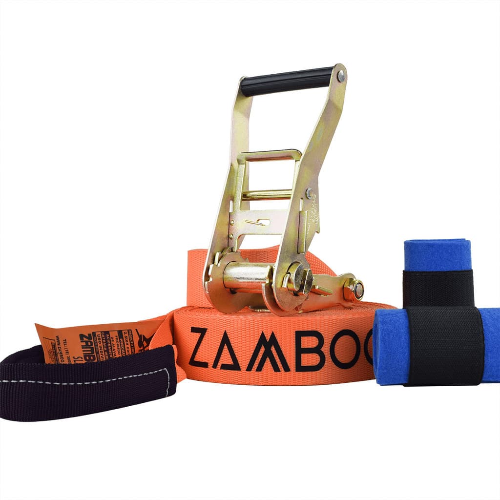 Slackline Zamboo Kit ExtremeLine 30m Laranja Com Catraca Reforçada Protetores Desenvolve Equilíbrio Coordenação