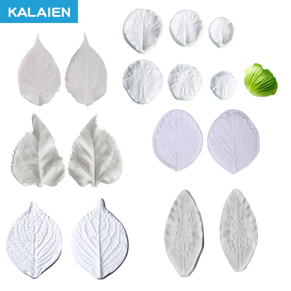 Molde de Silicone para Fondant KALAIEN com 9 Padrões em Forma de Folha, Folhas Universais, Múltiplos Padrões para Artesa