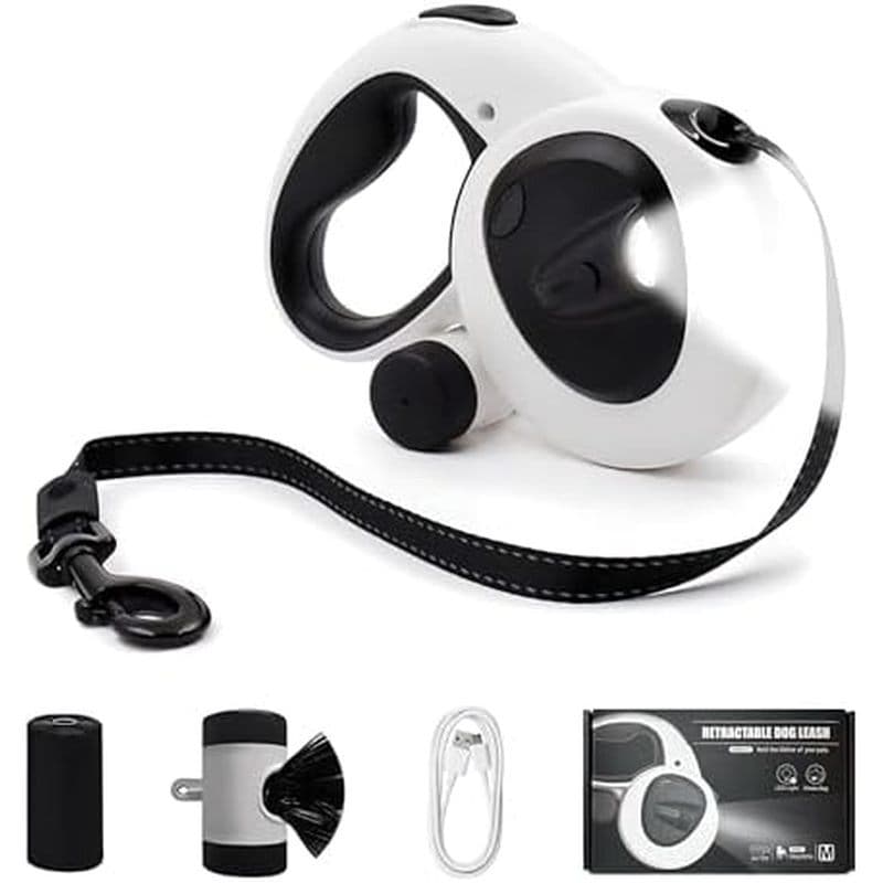 Trela Retrátil Para Cães De 16 Pés Com Luz LED , Resistente Médios (20 – 66 lbs) , 360 ° Distribuidor De Saco De Cocô Em
