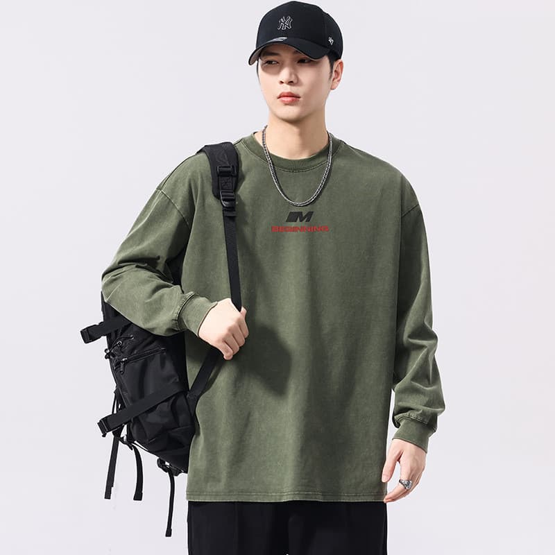 Roupas masculinas de tamanho grande outono novos produtos pesado lavado manga comprida camiseta masculina solta Retro an