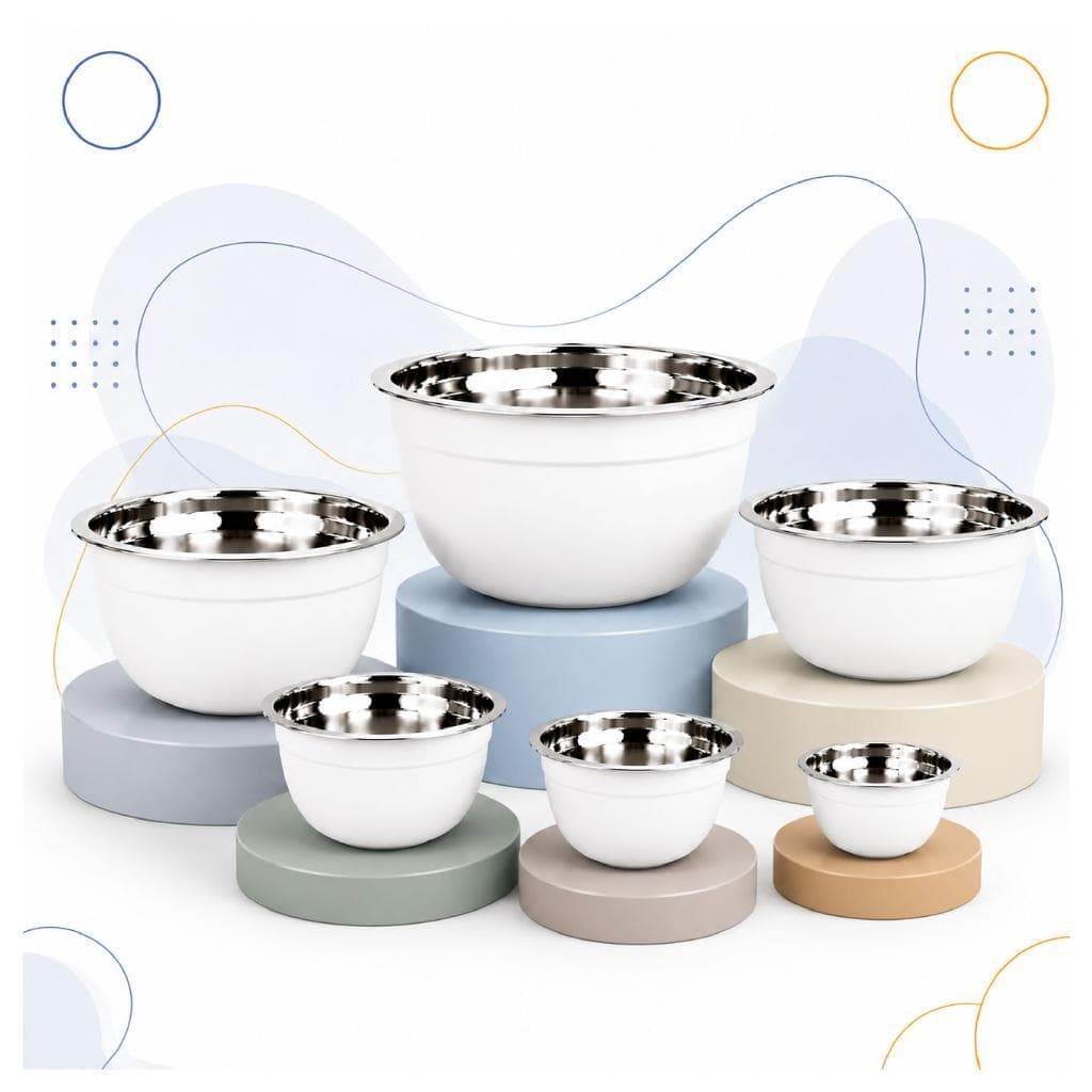 Kit 6 Tigelas Bowl Inox Bacia Saladeira Tigela Moderna - Tamanhos 16cm, 20cm, 24cm, 26cm, 28cm e 30cm - 6 Peças