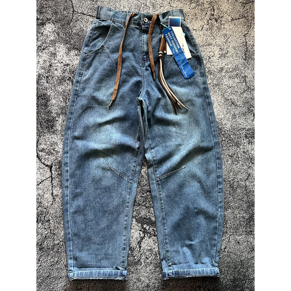 Japonês Retro solto perna larga Micro-Cone primavera outono cordão cintura elástica calças Machete estilo solto masculin