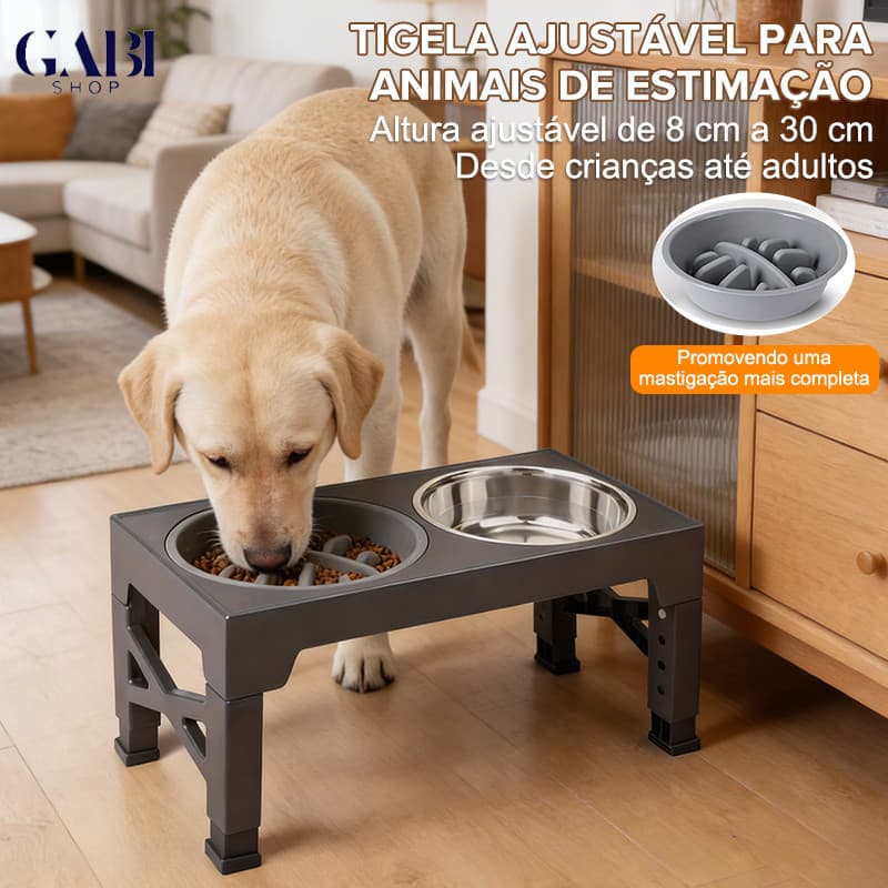 Comedouro Elevado Ajustável 5 Alturas para Cães, Dobrável com 2 Tigelas Inox + Comedouro Lento Gabi