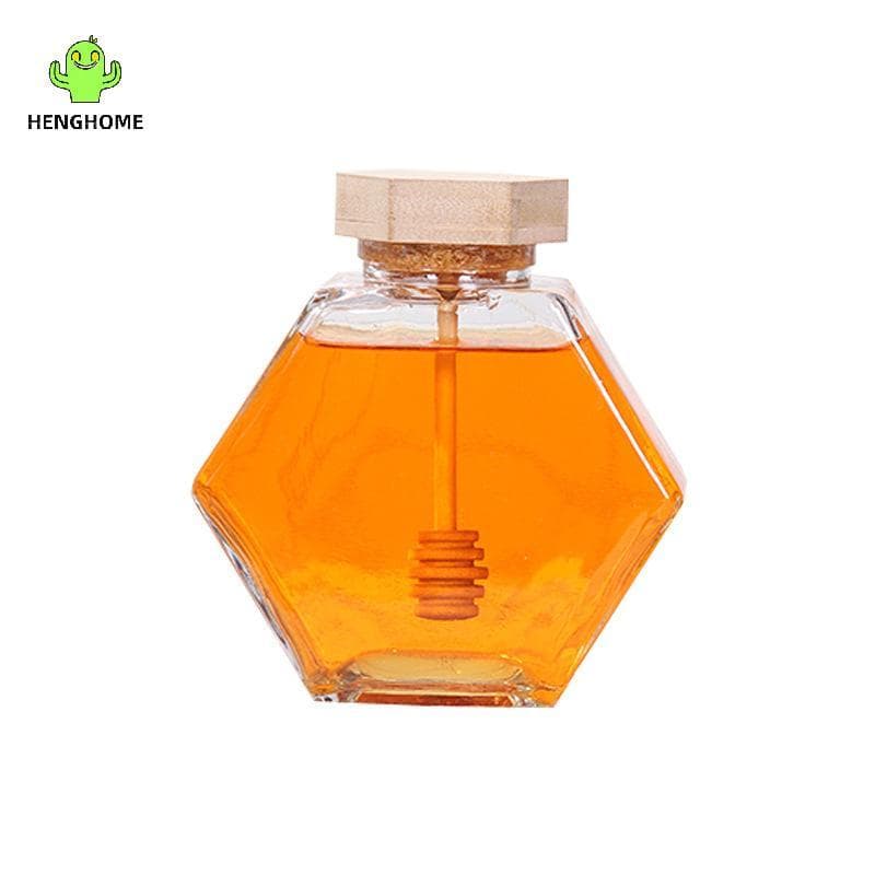 HENGHOME Garrafa De Mel De Vidro Hexagonal Com Pote Madeira , Haste De Agitação , Vedação Transparente , Jarra De Geléia