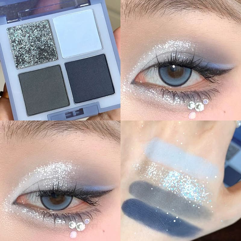 Azul estrelado!Nova paleta de sombras de quatro cores fosco fino piscando diamante azul cinza contraste cor y2k pequeno